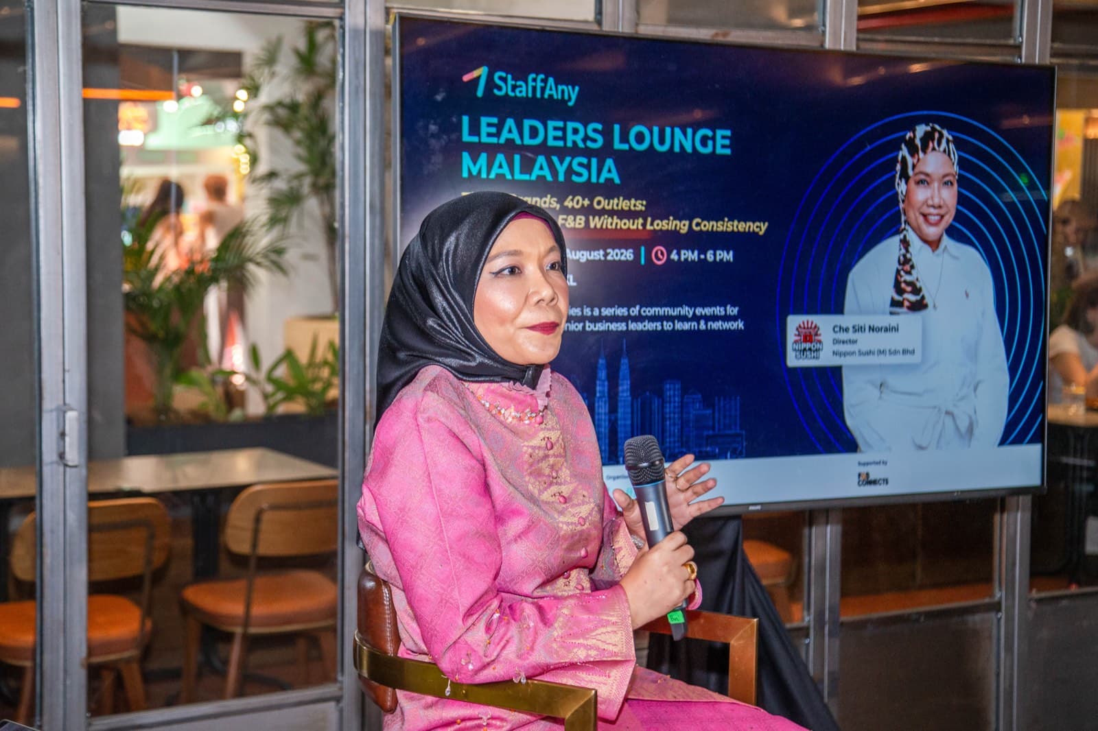 Close-up of Nippon Sushi founder Siti speaking at Leaders Lounge Malaysia
