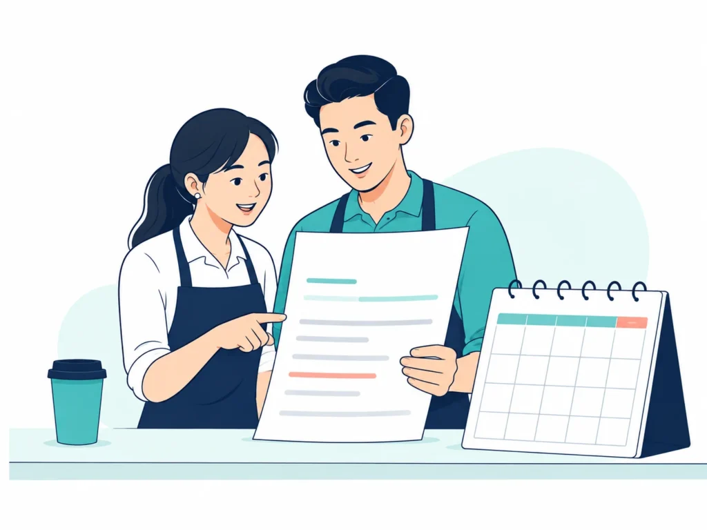 Illustration of cafe coworkers reviewing payroll paperwork beside a calendar.