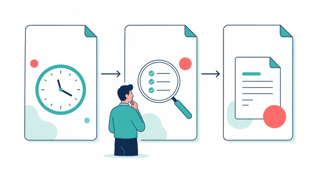 Illustration of timesheets progressing through human payroll review to payslips.