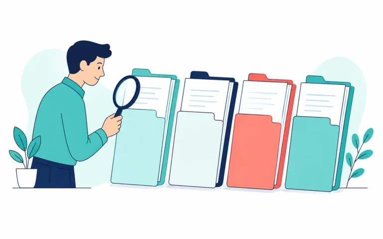 Illustration of a manager reviewing four folders of payroll reports.